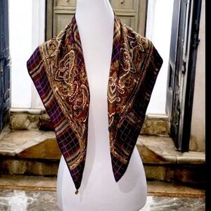 Vintage Honey Silk scarf purple green cream brown 31” x 31” square